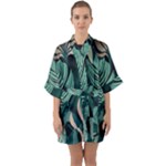 Green Nature Bohemian Painting Leaves Foliage Half Sleeve Satin Kimono 