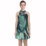 Green Nature Bohemian Painting Leaves Foliage Velvet Halter Neckline Dress 