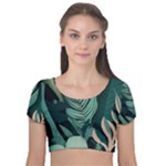 Green Nature Bohemian Painting Leaves Foliage Velvet Short Sleeve Crop Top 