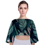 Green Nature Bohemian Painting Leaves Foliage Tie Back Butterfly Sleeve Chiffon Top