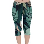 Green Nature Bohemian Painting Leaves Foliage Velvet Capri Leggings 
