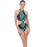 Green Nature Bohemian Painting Leaves Foliage Halter Side Cut Swimsuit