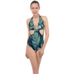 Green Nature Bohemian Painting Leaves Foliage Halter Front Plunge Swimsuit