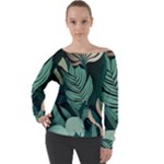 Green Nature Bohemian Painting Leaves Foliage Off Shoulder Long Sleeve Velour Top