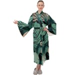 Green Nature Bohemian Painting Leaves Foliage Maxi Velour Kimono