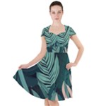 Green Nature Bohemian Painting Leaves Foliage Cap Sleeve Midi Dress