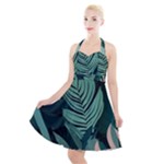 Green Nature Bohemian Painting Leaves Foliage Halter Party Swing Dress 