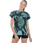 Green Nature Bohemian Painting Leaves Foliage Ruffle Collar Chiffon Blouse