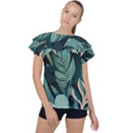 Green Nature Bohemian Painting Leaves Foliage Ruffle Collar Chiffon Blouse