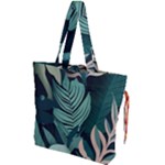 Green Nature Bohemian Painting Leaves Foliage Drawstring Tote Bag