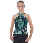 Green Nature Bohemian Painting Leaves Foliage Cross Neck Velour Top