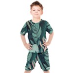 Green Nature Bohemian Painting Leaves Foliage Kids  Tee and Shorts Set