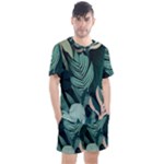 Green Nature Bohemian Painting Leaves Foliage Men s Mesh Tee and Shorts Set