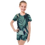 Green Nature Bohemian Painting Leaves Foliage Kids  Mesh Tee and Shorts Set