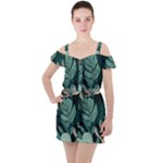 Green Nature Bohemian Painting Leaves Foliage Ruffle Cut Out Chiffon Playsuit