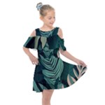 Green Nature Bohemian Painting Leaves Foliage Kids  Shoulder Cutout Chiffon Dress