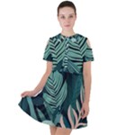 Green Nature Bohemian Painting Leaves Foliage Short Sleeve Shoulder Cut Out Dress 