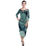 Green Nature Bohemian Painting Leaves Foliage Quarter Sleeve Midi Velour Bodycon Dress