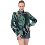 Green Nature Bohemian Painting Leaves Foliage High Neck Long Sleeve Chiffon Top