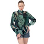 Green Nature Bohemian Painting Leaves Foliage High Neck Long Sleeve Chiffon Top