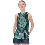 Green Nature Bohemian Painting Leaves Foliage High Neck Satin Top