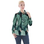 Green Nature Bohemian Painting Leaves Foliage Women s Long Sleeve Pocket Shirt