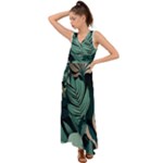 Green Nature Bohemian Painting Leaves Foliage V-Neck Chiffon Maxi Dress