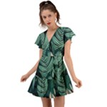 Green Nature Bohemian Painting Leaves Foliage Flutter Sleeve Wrap Dress