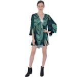 Green Nature Bohemian Painting Leaves Foliage V-Neck Flare Sleeve Mini Dress