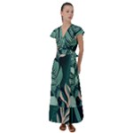 Green Nature Bohemian Painting Leaves Foliage Flutter Sleeve Maxi Dress