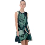 Green Nature Bohemian Painting Leaves Foliage Frill Swing Dress