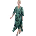 Green Nature Bohemian Painting Leaves Foliage Quarter Sleeve Wrap Front Maxi Dress