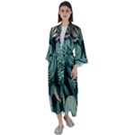 Green Nature Bohemian Painting Leaves Foliage Maxi Satin Kimono