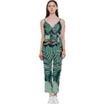 Green Nature Bohemian Painting Leaves Foliage V-Neck Spaghetti Strap Tie Front Jumpsuit