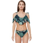 Green Nature Bohemian Painting Leaves Foliage Ruffle Edge Tie Up Bikini Set	