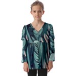 Green Nature Bohemian Painting Leaves Foliage Kids  V Neck Casual Top