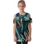 Green Nature Bohemian Painting Leaves Foliage Fold Over Open Sleeve Top