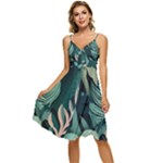 Green Nature Bohemian Painting Leaves Foliage Sleeveless Tie Front Chiffon Dress