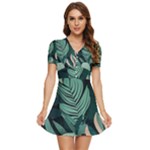 Green Nature Bohemian Painting Leaves Foliage V-Neck High Waist Chiffon Mini Dress