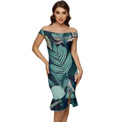 Off Shoulder Ruffle Split Hem Bodycon Dress 