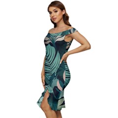 Off Shoulder Ruffle Split Hem Bodycon Dress 