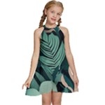 Green Nature Bohemian Painting Leaves Foliage Kids  Halter Collar Waist Tie Chiffon Dress