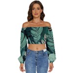 Green Nature Bohemian Painting Leaves Foliage Long Sleeve Crinkled Weave Crop Top