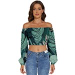 Green Nature Bohemian Painting Leaves Foliage Long Sleeve Crinkled Weave Crop Top