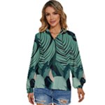 Green Nature Bohemian Painting Leaves Foliage Women s Long Sleeve Button Down Shirt