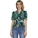 Green Nature Bohemian Painting Leaves Foliage Puffed Short Sleeve Button Up Jacket