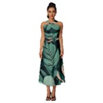 Green Nature Bohemian Painting Leaves Foliage Sleeveless Cross Front Cocktail Midi Chiffon Dress