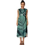 Green Nature Bohemian Painting Leaves Foliage Sleeveless Round Neck Midi Dress