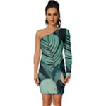 Green Nature Bohemian Painting Leaves Foliage Long Sleeve One Shoulder Mini Dress