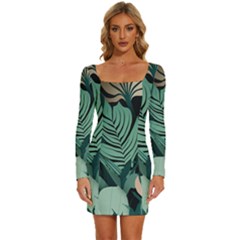 Long Sleeve Square Neck Bodycon Velvet Dress 